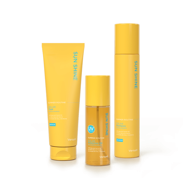 Linha solar para cabelo Versum com shampoo, máscara e óleo protetor